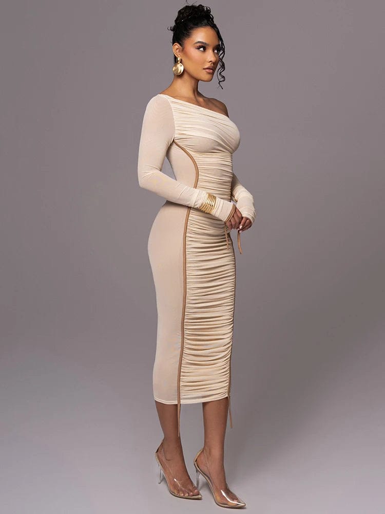 Women's Elegant Diagonal Collar Long Sleeve Midi Dress: Mesh Two-Layer –  Zebuci