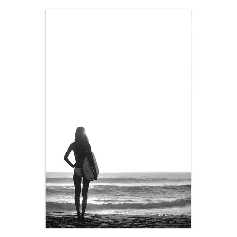 02 / 20x30cm No Frame Black and White Wall Art Seascape Canvas Print Poster Beach Girl Surfboard Painting Landscape Tropical Palm Picture Home Decor