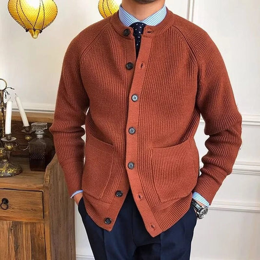 03 Caramel / L Vintage Buttoned Crew Neck Sweater Mens Cardigans Solid Color Long Sleeve Casual Knitted Jackets For Men Fall Winter Sweaters