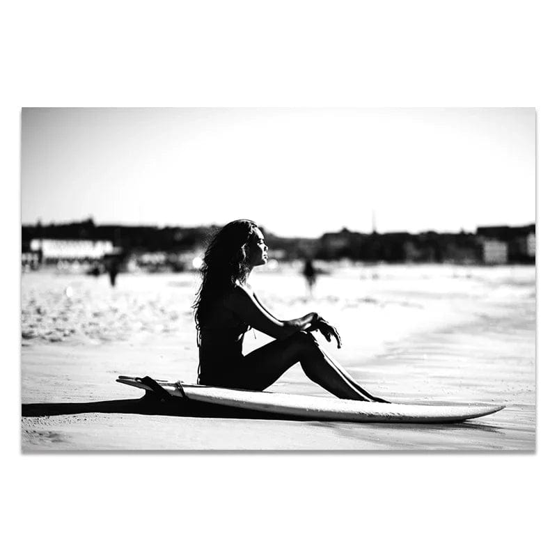 06 / 20x30cm No Frame Black and White Wall Art Seascape Canvas Print Poster Beach Girl Surfboard Painting Landscape Tropical Palm Picture Home Decor