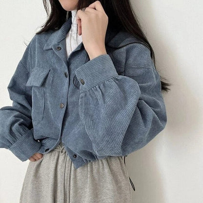 08 blue / S(35kg-45kg) Chic Corduroy Long Sleeve Cropped Women's Blouse Drawstring and Pockets Short Jacket