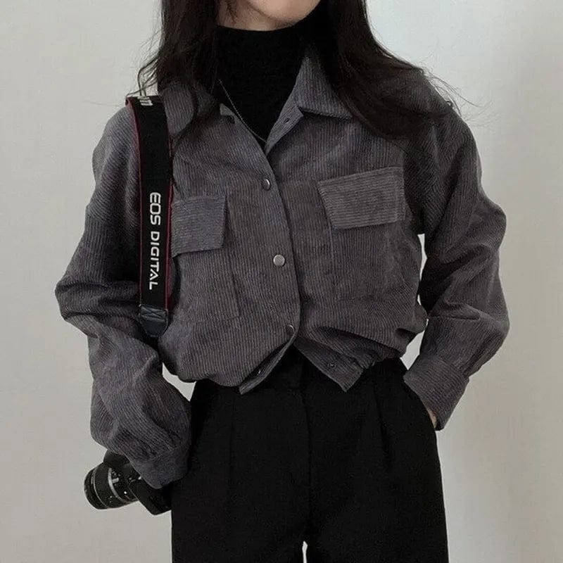 08 dark gray / S(35kg-45kg) Chic Corduroy Long Sleeve Cropped Women's Blouse Drawstring and Pockets Short Jacket