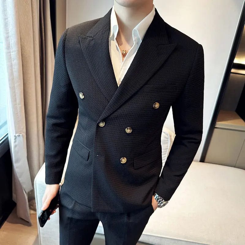 1 Piece Vintage Waffle Men Blazer Fashion Double Breasted Jacket Coat Business Casual Lapel Slim Blazers Party Wedding Tuxedo