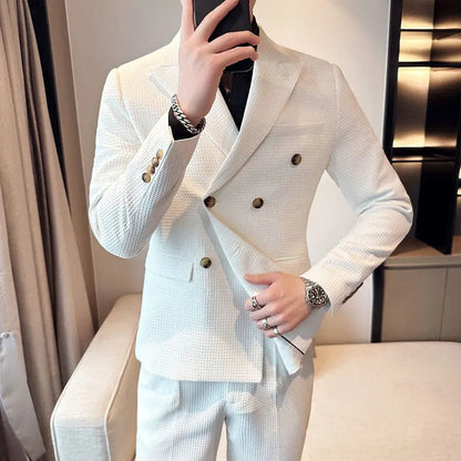 1 Piece Vintage Waffle Men Blazer Fashion Double Breasted Jacket Coat Business Casual Lapel Slim Blazers Party Wedding Tuxedo