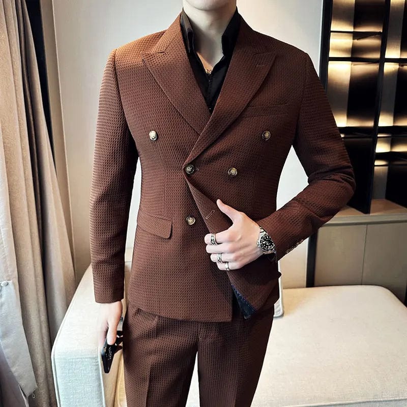 1 Piece Vintage Waffle Men Blazer Fashion Double Breasted Jacket Coat Business Casual Lapel Slim Blazers Party Wedding Tuxedo