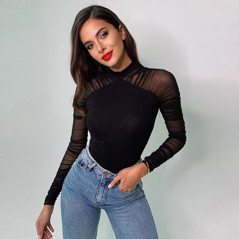 2021 Elegant Bodysuits Women Mesh Long Sleeve Turtleneck Bodycon Vintage Bodysuits Jumpsuit Club Sexy Body Top Femme