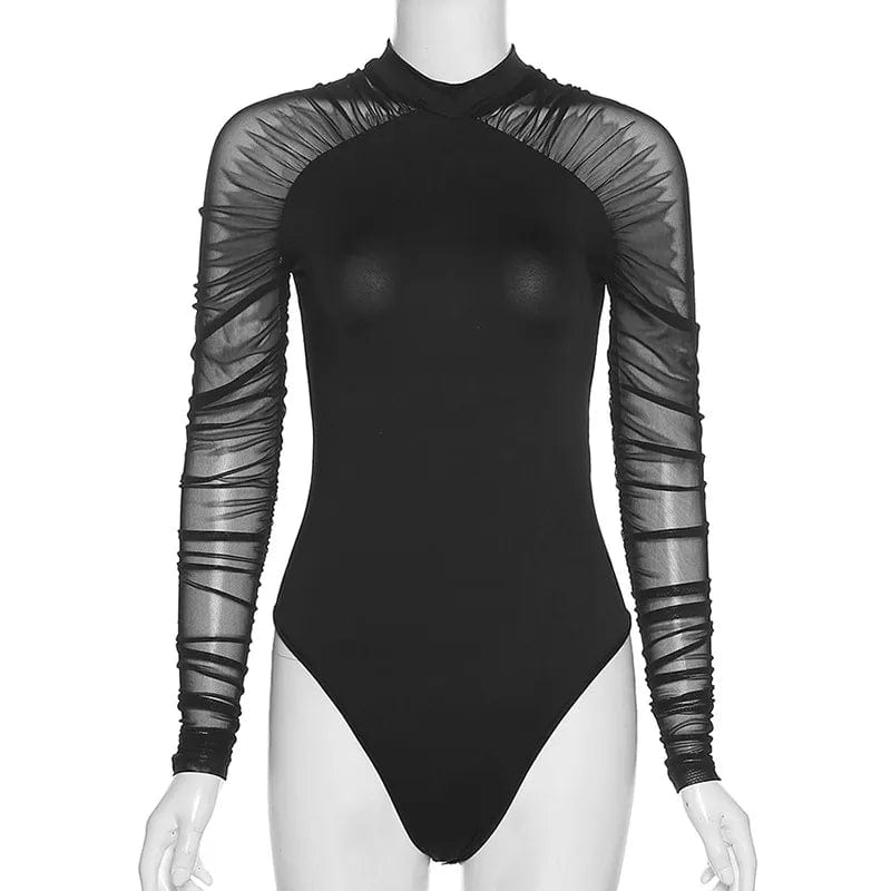 2021 Elegant Bodysuits Women Mesh Long Sleeve Turtleneck Bodycon Vintage Bodysuits Jumpsuit Club Sexy Body Top Femme