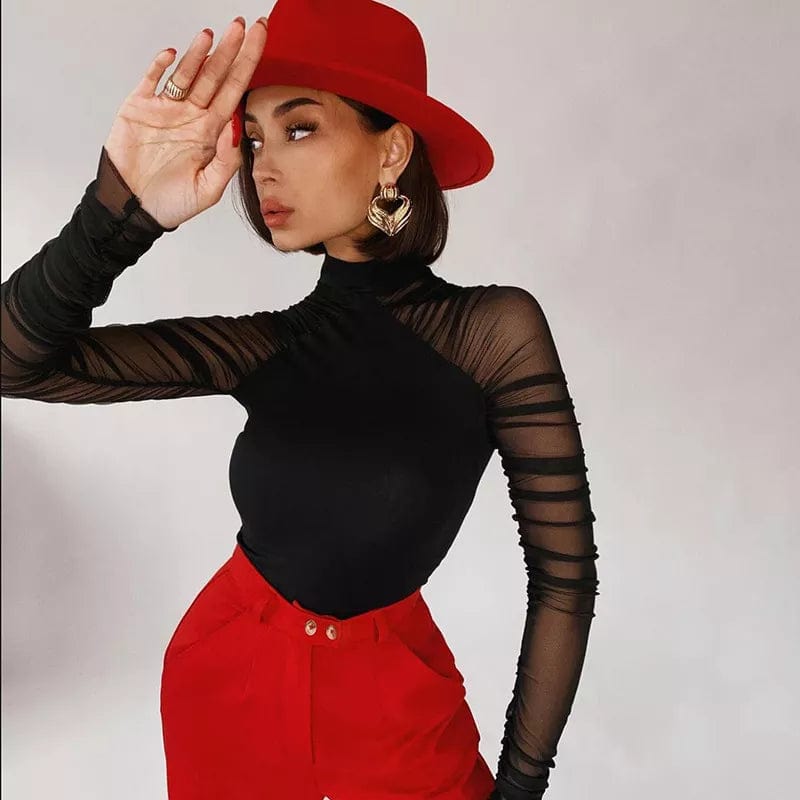 2021 Elegant Bodysuits Women Mesh Long Sleeve Turtleneck Bodycon Vintage Bodysuits Jumpsuit Club Sexy Body Top Femme