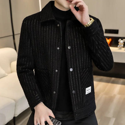 2022 Autumn Winter Striped Men's Jacket Casual Business Wool Blends Trench Coats Fashion Social Overcoat Slim Windbreaker