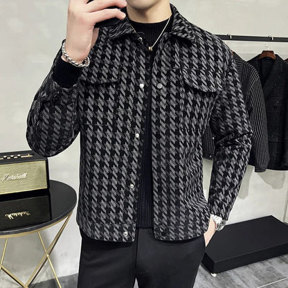 2022 Winter Houndstooth Leather Jackets Men Thicken Warm Turn Down Collar Motorcycle Jacket Casual Slim Fit PU Coat Men Clothing