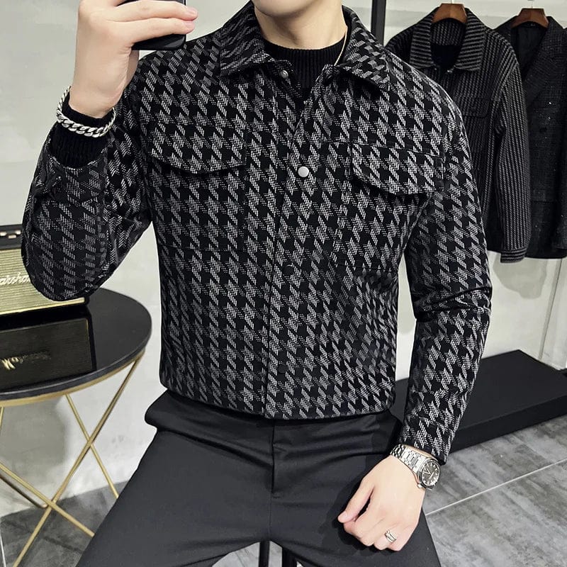 2022 Winter Houndstooth Leather Jackets Men Thicken Warm Turn Down Collar Motorcycle Jacket Casual Slim Fit PU Coat Men Clothing