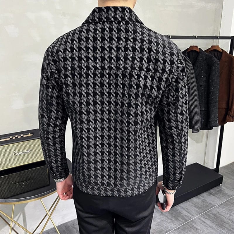 2022 Winter Houndstooth Leather Jackets Men Thicken Warm Turn Down Collar Motorcycle Jacket Casual Slim Fit PU Coat Men Clothing