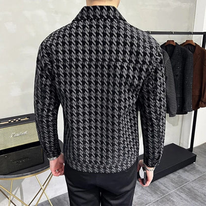 2022 Winter Houndstooth Leather Jackets Men Thicken Warm Turn Down Collar Motorcycle Jacket Casual Slim Fit PU Coat Men Clothing