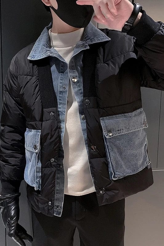 2023 Autumn Winter Jackets Men Fashion Denim Patchwork Warm Puffer Parkas Korean Fake Two Piece Cotton Jacket men clothing