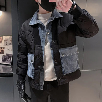 2023 Autumn Winter Jackets Men Fashion Denim Patchwork Warm Puffer Parkas Korean Fake Two Piece Cotton Jacket men clothing