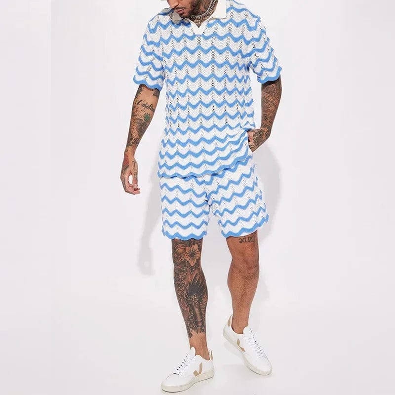 2023 Summer New Men's Set Knit Fashion Print Shirts and Shorts Two Piece Suits Sports Leisure Male Clothing