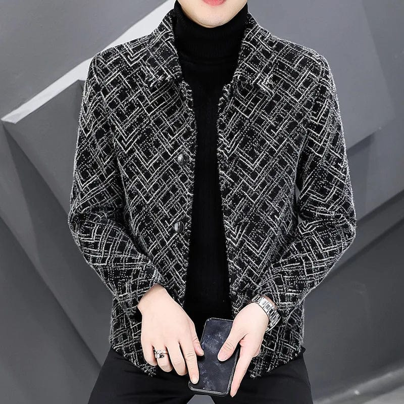 2023Men's short tweed jacket gold mink velvet tweed coat men's autumn and winter trend handsome thickened lapel jacket men