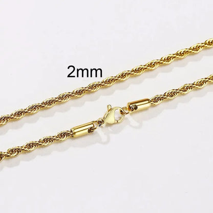 2mm Gold / 18 inch Stainless Steel Minimalist Twist Rope Chain Necklace for Men - Available in Gold and Silver Colours, 2 to 5mm Options