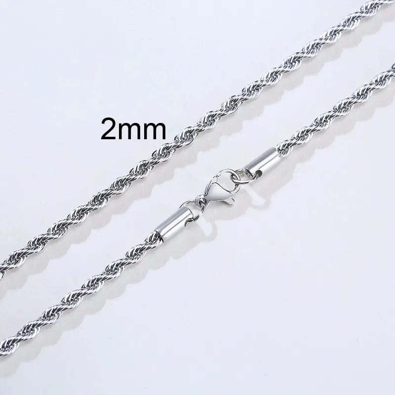 2mm Silver / 18 inch Stainless Steel Minimalist Twist Rope Chain Necklace for Men - Available in Gold and Silver Colours, 2 to 5mm Options