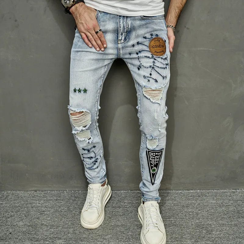 3008 / 28 New Stylish Men Holes Embroidery Skinny Pencil Jeans Pants Male High Street Slim Casual Denim Trousers