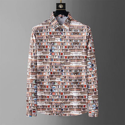 3151 / L Multi-Colour Bookshelf Printed Long Sleeve Men's Shirt: Casual Fashion for Social Events and Streetwear