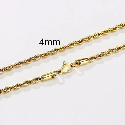 4mm Gold / 18 inch Stainless Steel Minimalist Twist Rope Chain Necklace for Men - Available in Gold and Silver Colours, 2 to 5mm Options