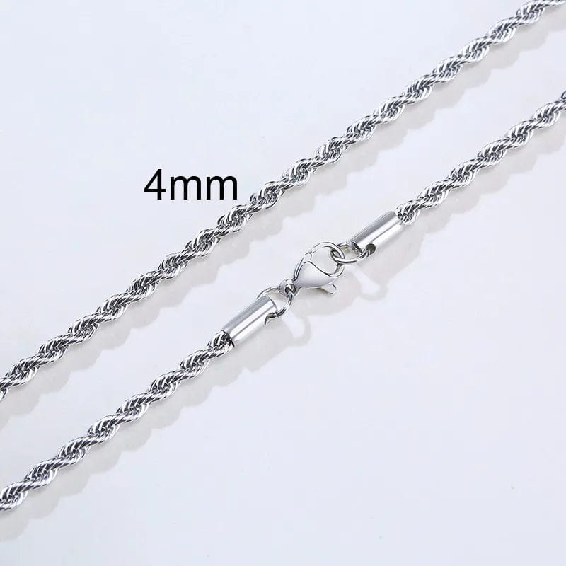 4mm Silver / 18 inch Stainless Steel Minimalist Twist Rope Chain Necklace for Men - Available in Gold and Silver Colours, 2 to 5mm Options