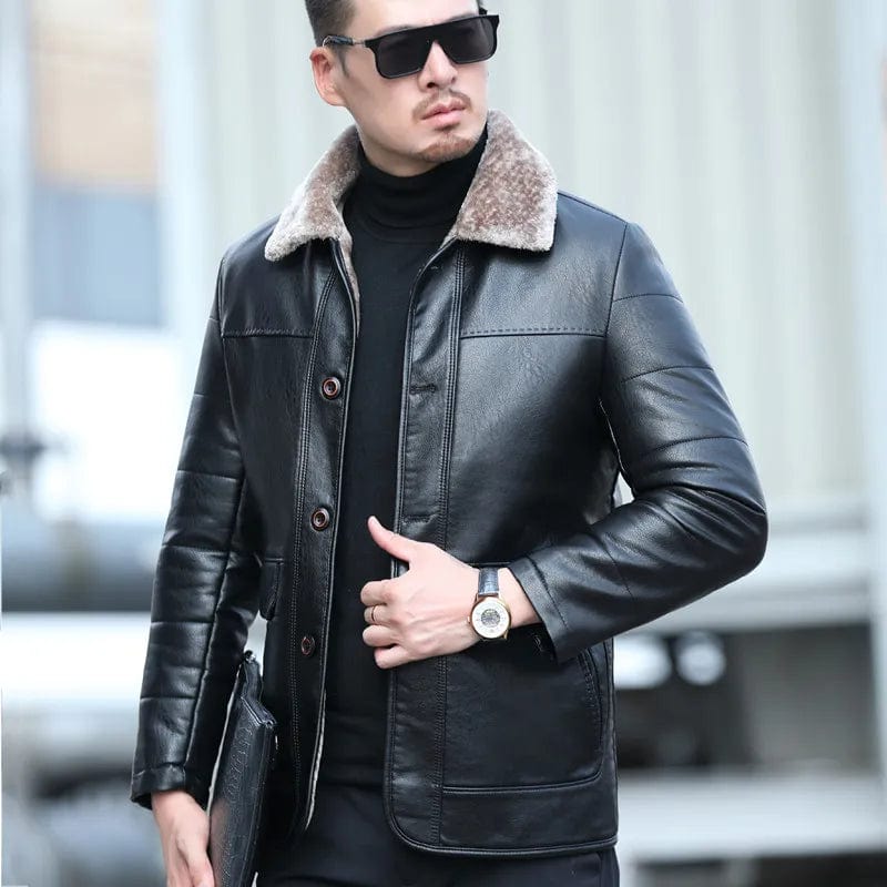 838-Black / M / CHINA YXL-838 Natural Leather Men's Autumn and Winter Sheepskin Casual Lapel Mid Length Business Leather Down Jacket Plus Size