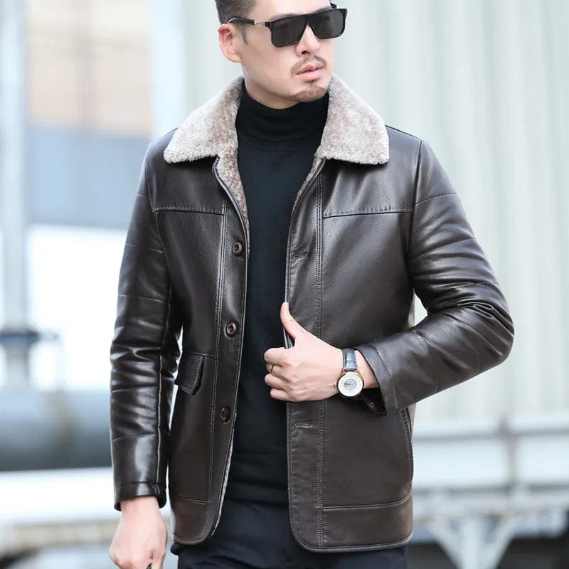 838-Brown Green / M / CHINA YXL-838 Natural Leather Men's Autumn and Winter Sheepskin Casual Lapel Mid Length Business Leather Down Jacket Plus Size