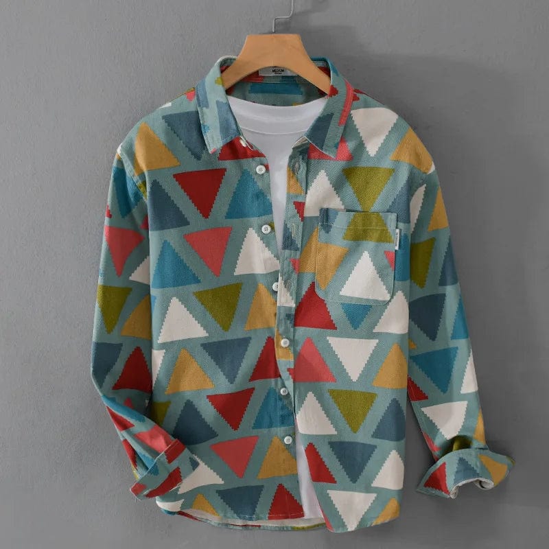 9655 100% Cotton Spring Fall Fashion Men's Colorful Print Long Sleeve Shirts Japan Style Geometry Chic Versatile Streetwear Tops