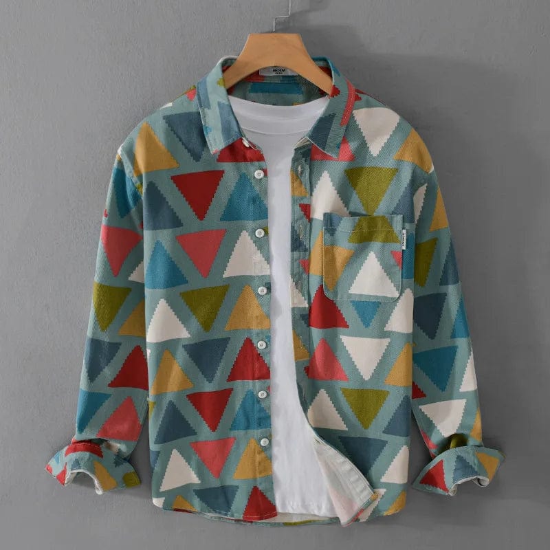 9655 100% Cotton Spring Fall Fashion Men's Colorful Print Long Sleeve Shirts Japan Style Geometry Chic Versatile Streetwear Tops