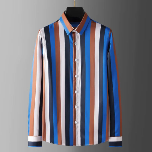 Men's Luxury Big Stripe Long Sleeve Shirt: Slim Fit, Casual, Fashionable Dress Shirt for Parties