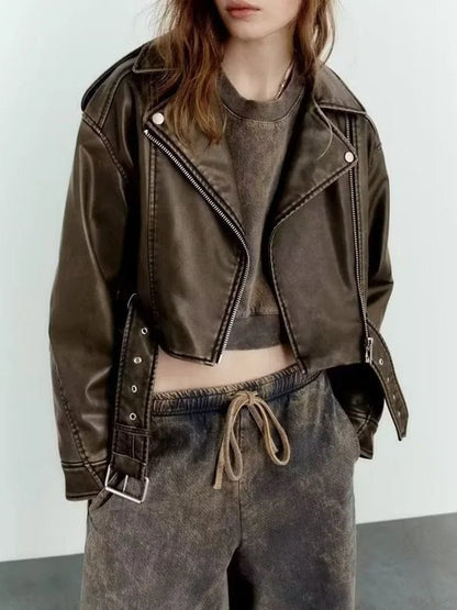 Ailegogo Women Vintage Loose Pu Faux Leather Short Jacket with Belt Streetwear Female Zipper Retro Moto Biker Coat Outwear Tops