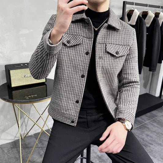 apricot / Asia S 42-48kg 2023 Autumn/Winter Men's Slim Fit Wool Classic Striped Jacket High Quality Business Casual Polo Fleece British Style Coat S-3XL