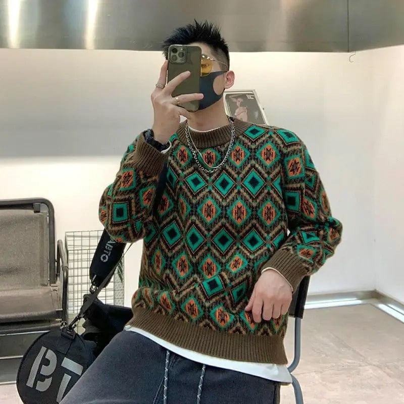 Argyle Sweater / S Man Clothes Graphic Crewneck Knitted Sweaters for Men Round Collar Argyle Pullovers Over Fit Knit Order Warm Mode Large Big Size
