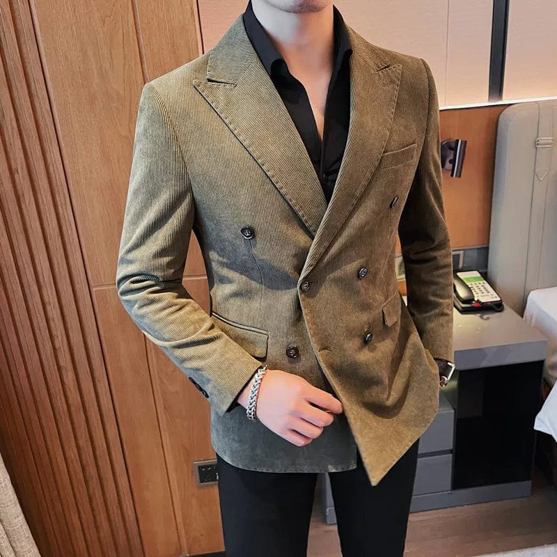 army green / Asian 2XL 70-78KG Plus Size 4XL-M Double Breasted Corduroy Blazer Jackets For Men Clothing 2023 Business Slim Fit Casual Striped Suit Coats Formal
