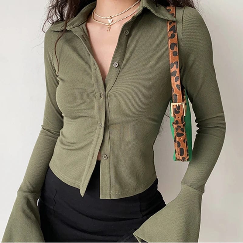 army green / S Blouses Polo Lapel Single-Breasted Flared Collar Solid Sleeve Shirt Five-Color Women's Slim Long-Sleeve Women's Autumn Clothing