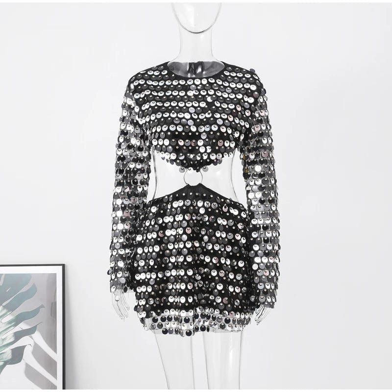 AS  PIECTURES 1 / S Sexy Sequined Evening Dress Women Long Sleeve O Neck Slim Backless Fashion Mini Dresses 2023 Party Hallow Out Ferrule Robe
