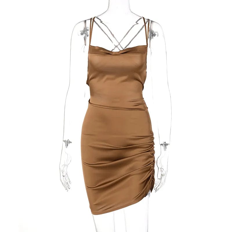 Auburn / S Sultry Elegance: Dulzura Satin Mini Dress with Ruched Lace-Up Cross Bandage, Backless Bodycon