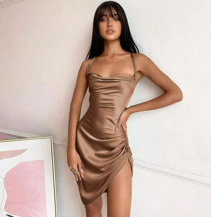Auburn / XL Sultry Elegance: Dulzura Satin Mini Dress with Ruched Lace-Up Cross Bandage, Backless Bodycon