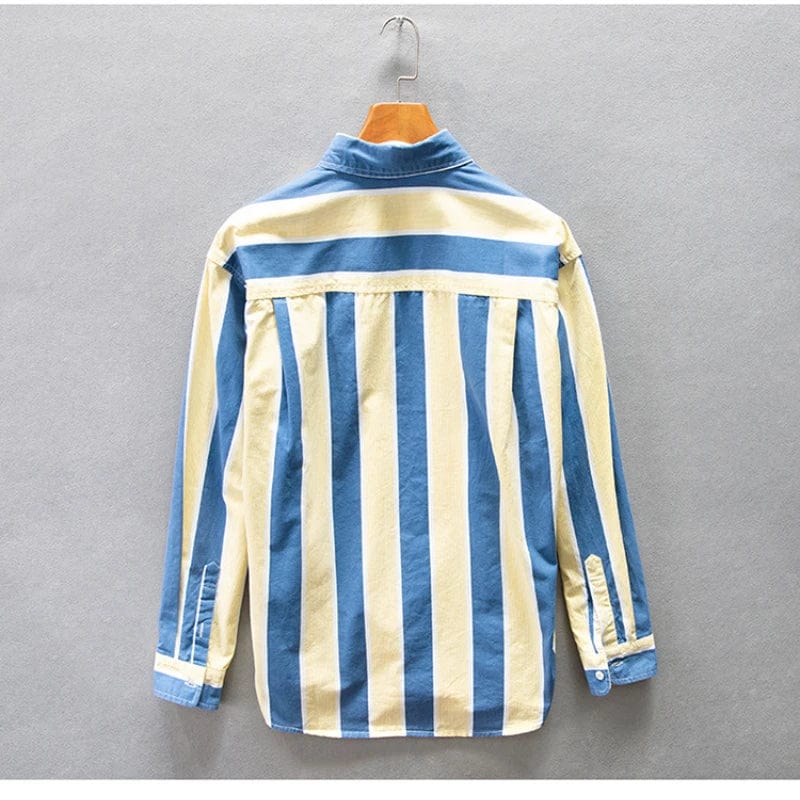 Autumn Winter New Men's Loose Casual Shirts Big Pockets Blue and Yellow Striped Fashion Cotton Comfortable Tops AZ194