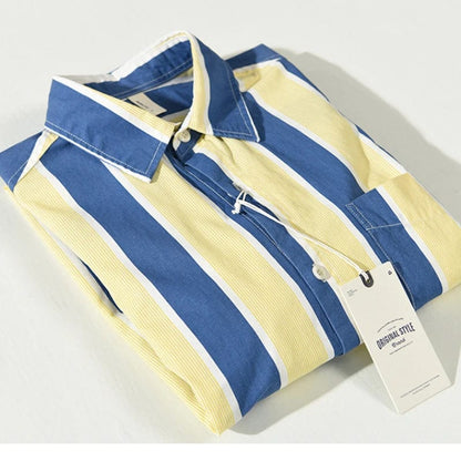 Autumn Winter New Men's Loose Casual Shirts Big Pockets Blue and Yellow Striped Fashion Cotton Comfortable Tops AZ194