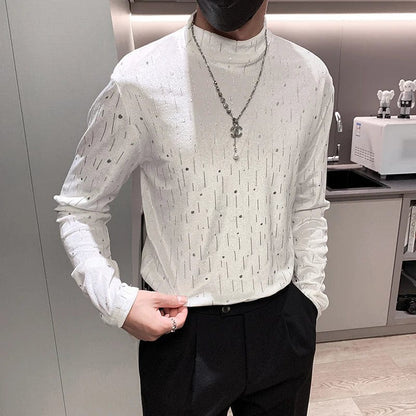 Autumn Winter Velvet Rhinestone T-shirt for Men Long Sleeve Half Turtleneck T-shirt Casual Business Social Bottoming Shirt 2023