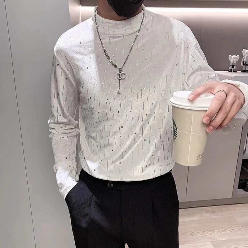 Autumn Winter Velvet Rhinestone T-shirt for Men Long Sleeve Half Turtleneck T-shirt Casual Business Social Bottoming Shirt 2023