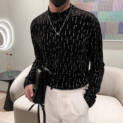 Autumn Winter Velvet Rhinestone T-shirt for Men Long Sleeve Half Turtleneck T-shirt Casual Business Social Bottoming Shirt 2023