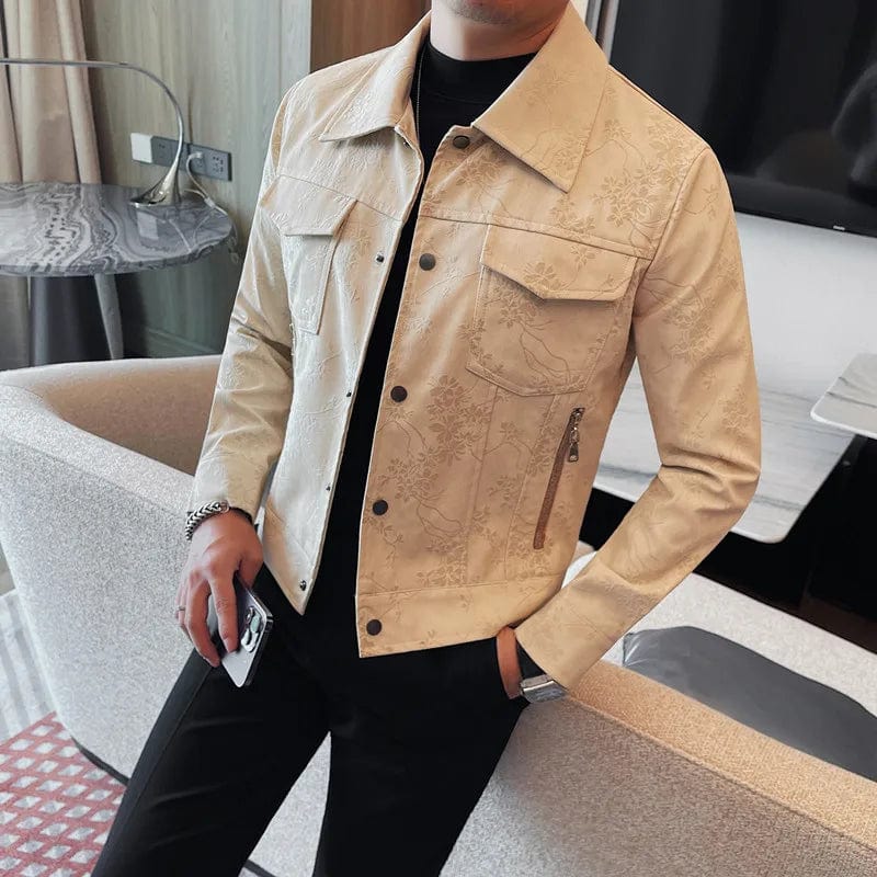 Beige / M High Quality Autumn Leather Jacket Men Lapel Motorcycle Bike Jacket Casual Business Pu Coats Men Clothing Streetwear