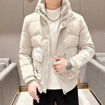 Beige / M Warm Striped Men's Puffer Jacket - Stand Collar Smart Casual Coat