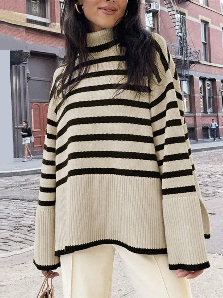 Beige / S Black And White Stripe Sweater Streetwear Loose Tops Women Pullover Female Jumper Long Sleeve Turtleneck Knitted Ribbed Sweaters