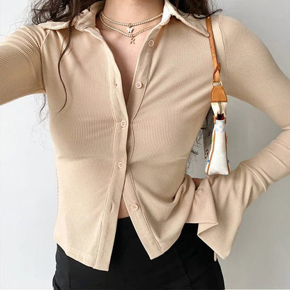 Beige / S Lapel Single-Breasted Flared Collar Solid Sleeve Blouse - Women's Slim Fit Long-Sleeve Shirt