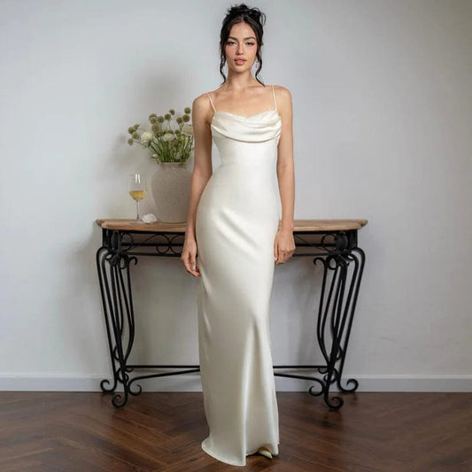 Beige / S Women's Elegant White Satin V-Neck Prom Dress – Sexy Spaghetti Straps, Backless Long Evening Party Gown